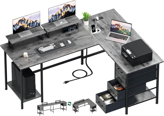 59 Inch L Shaped Computer Desk with Power Outlets for Home Office