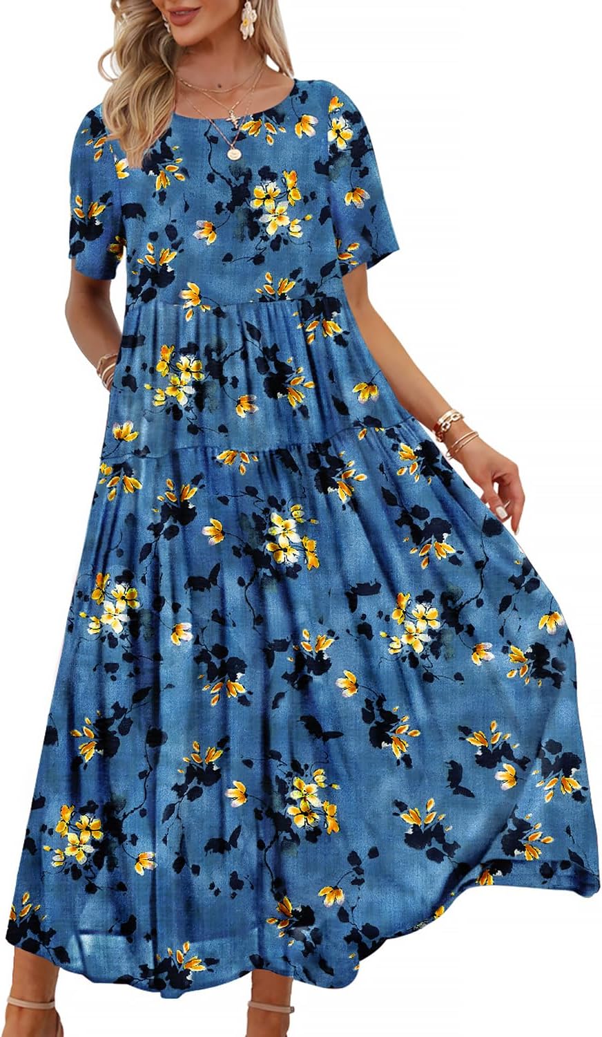 YESNO Women Casual Bohemian Floral Maxi Dress with Pockets