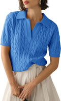 Women's Cable Short Sleeve Sweater Top - Soft V Neck Knit