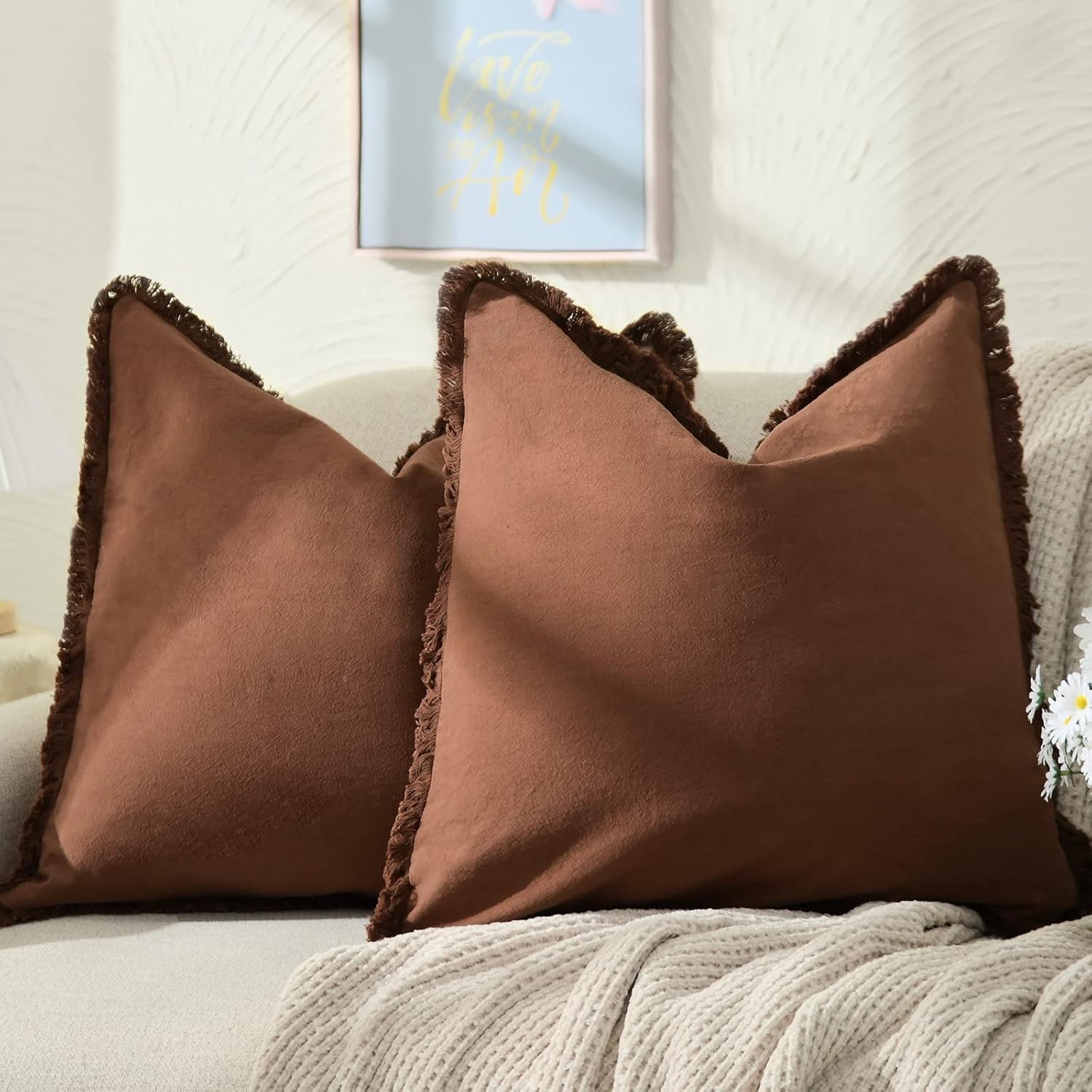 ZWJD 26x26 Coffee Throw Pillow Covers with Chic Fringe Design