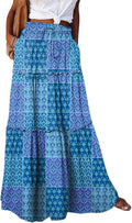 Womens Floral Boho Maxi Skirt High Waist Pleated Ruffle - Flowing