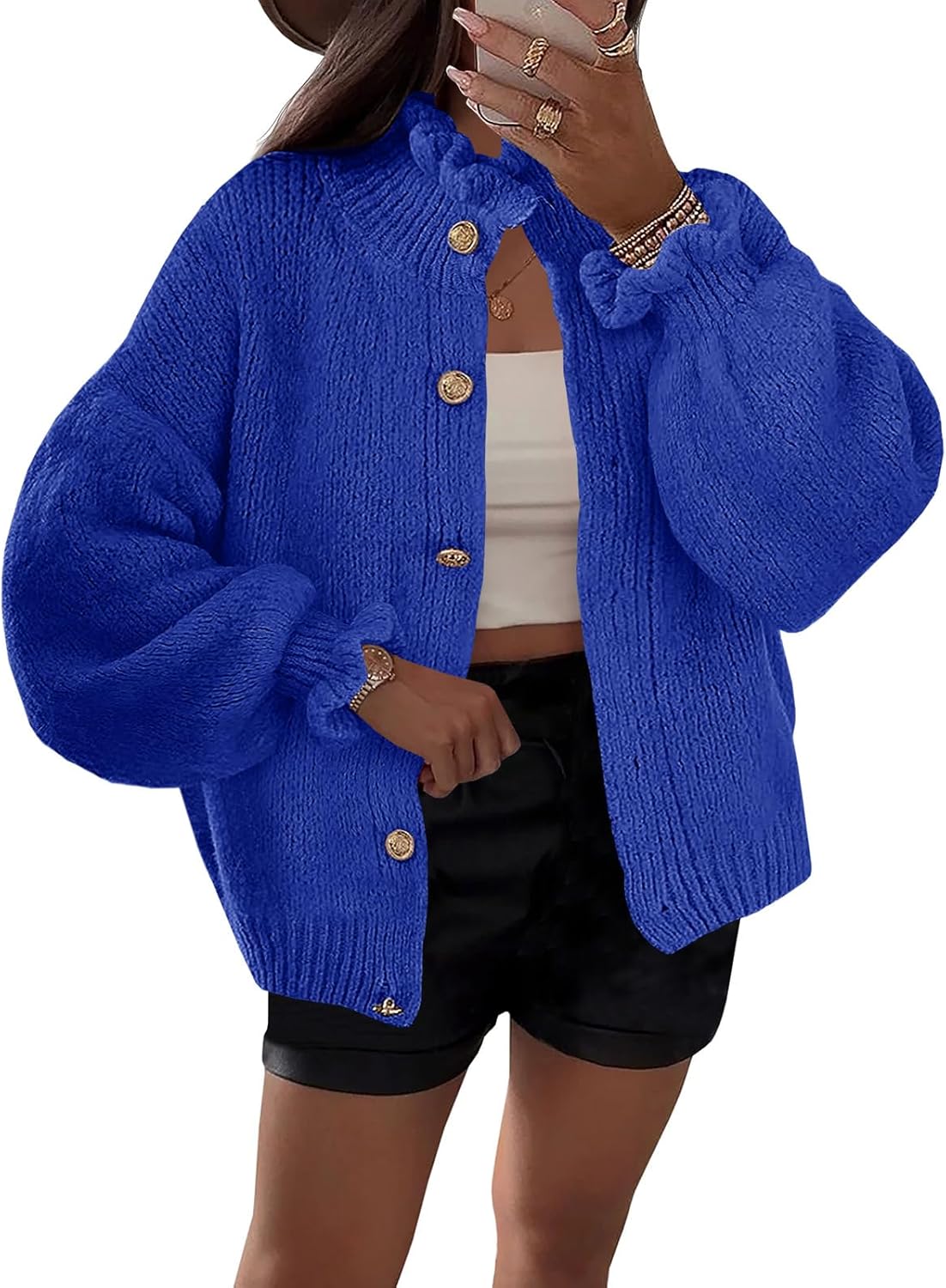Saodimallsu Womens Ruffle Cardigan Oversized Button Up Sweater