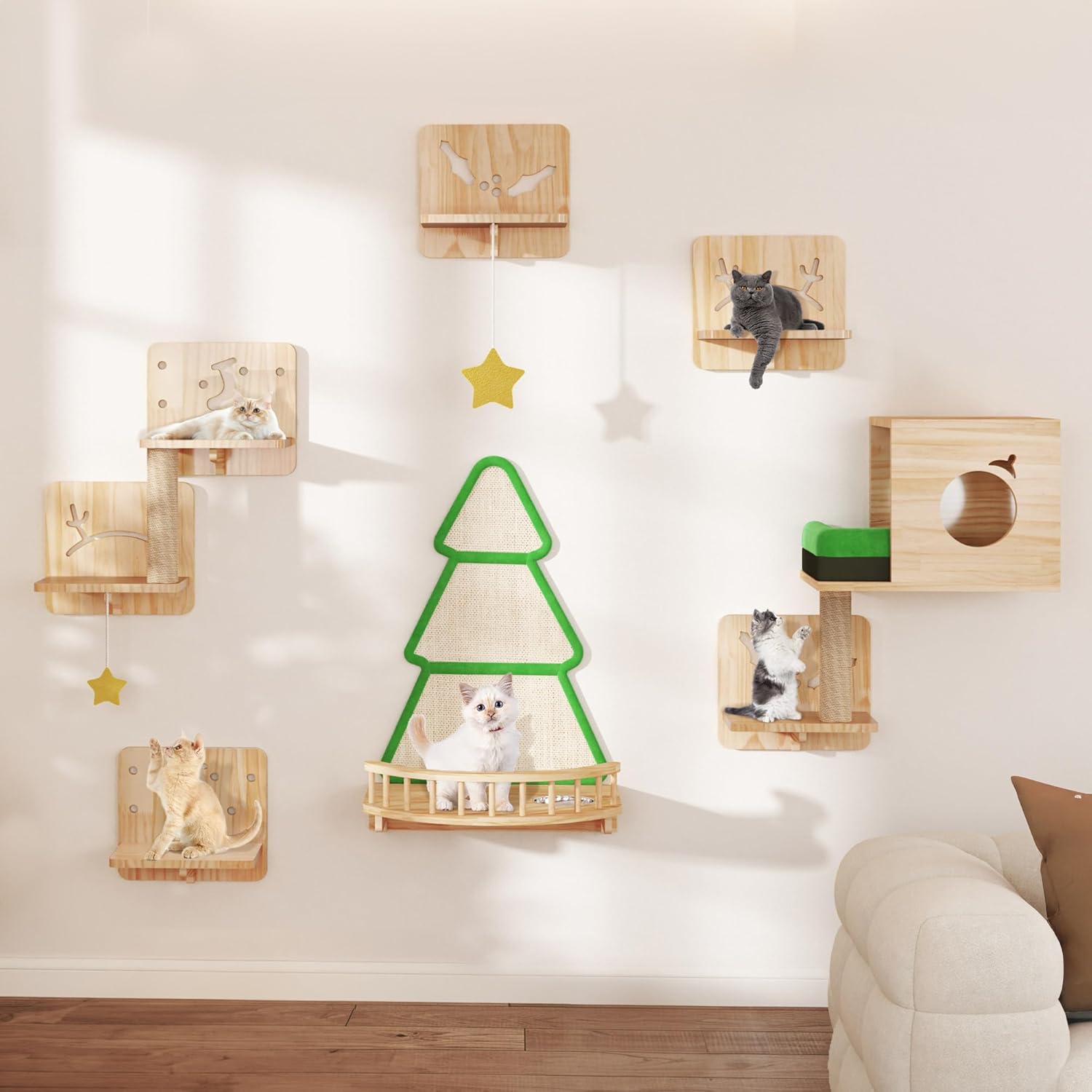 Cat Wall Shelves for Felines - 13 Piece Wooden Furniture Set