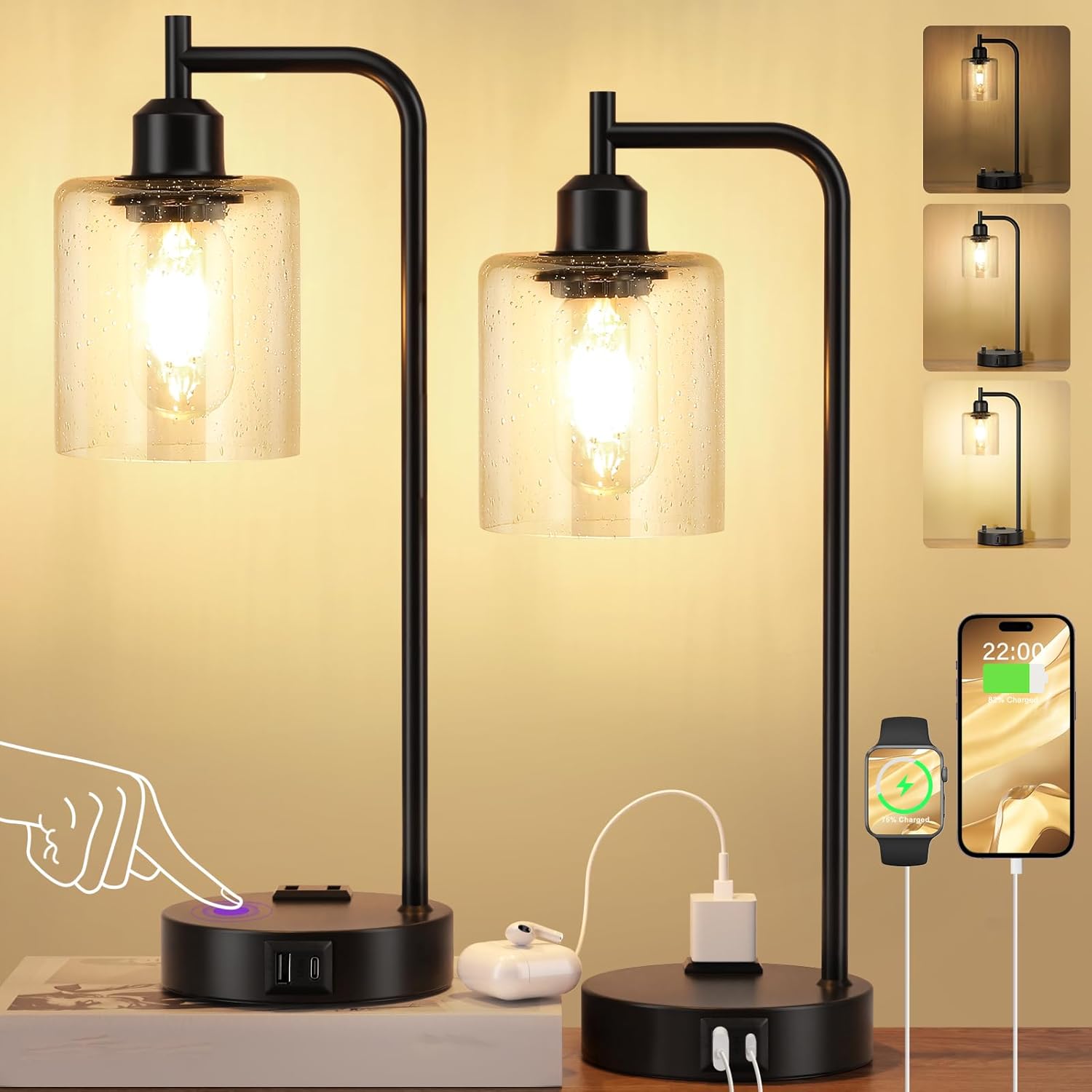 Industrial Touch Table Lamps Set of 2 with USB Ports and Outlet