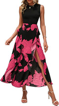 Women Casual Sleeveless Summer Midi Dress - Flowy Patchwork Ruffle