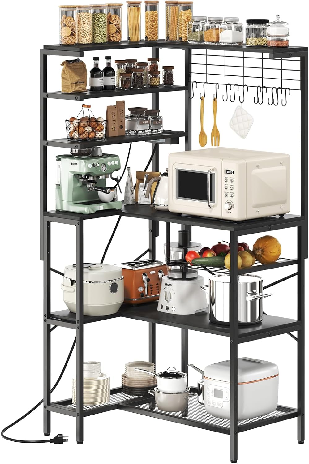 6-Tier L-Shaped Bakers Rack with Power & Storage