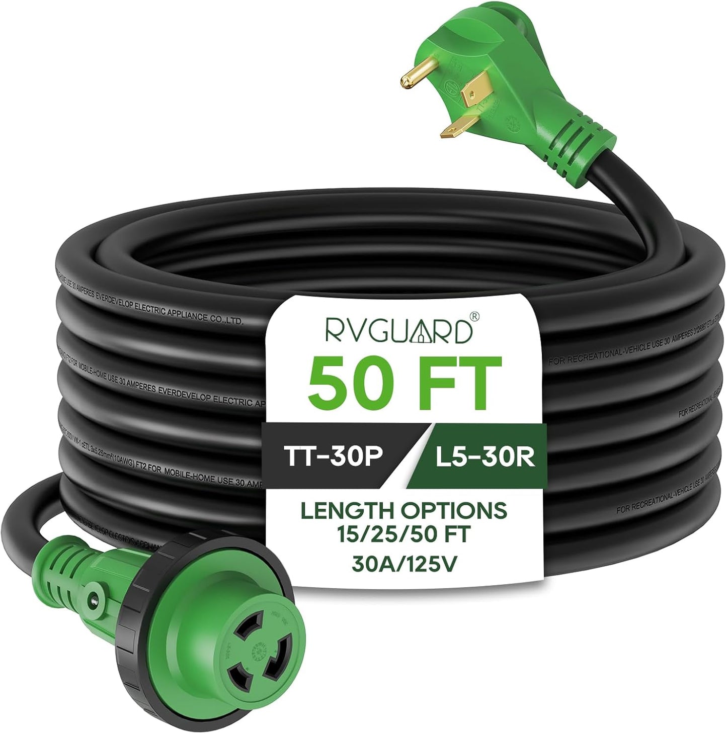 RVGUARD 30 Amp 50 Foot RV Power Extension Cord with LED Indicator