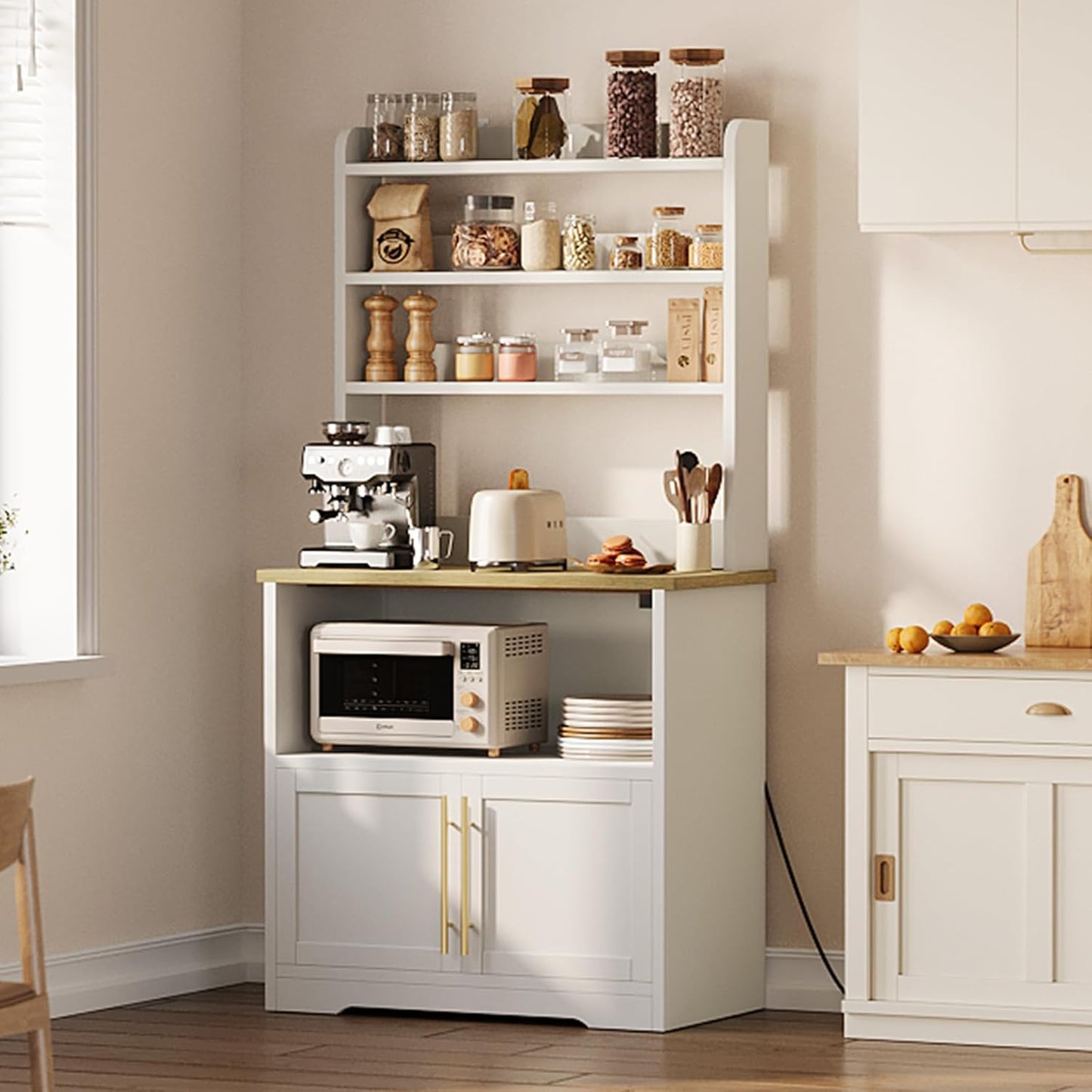 Farmhouse Bakers Rack: Storage, Power Outlets, White, Wood
