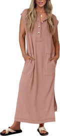 KIRUNDO Ribbed Henley Short Sleeve Maxi Dress - Lightweight Summer are