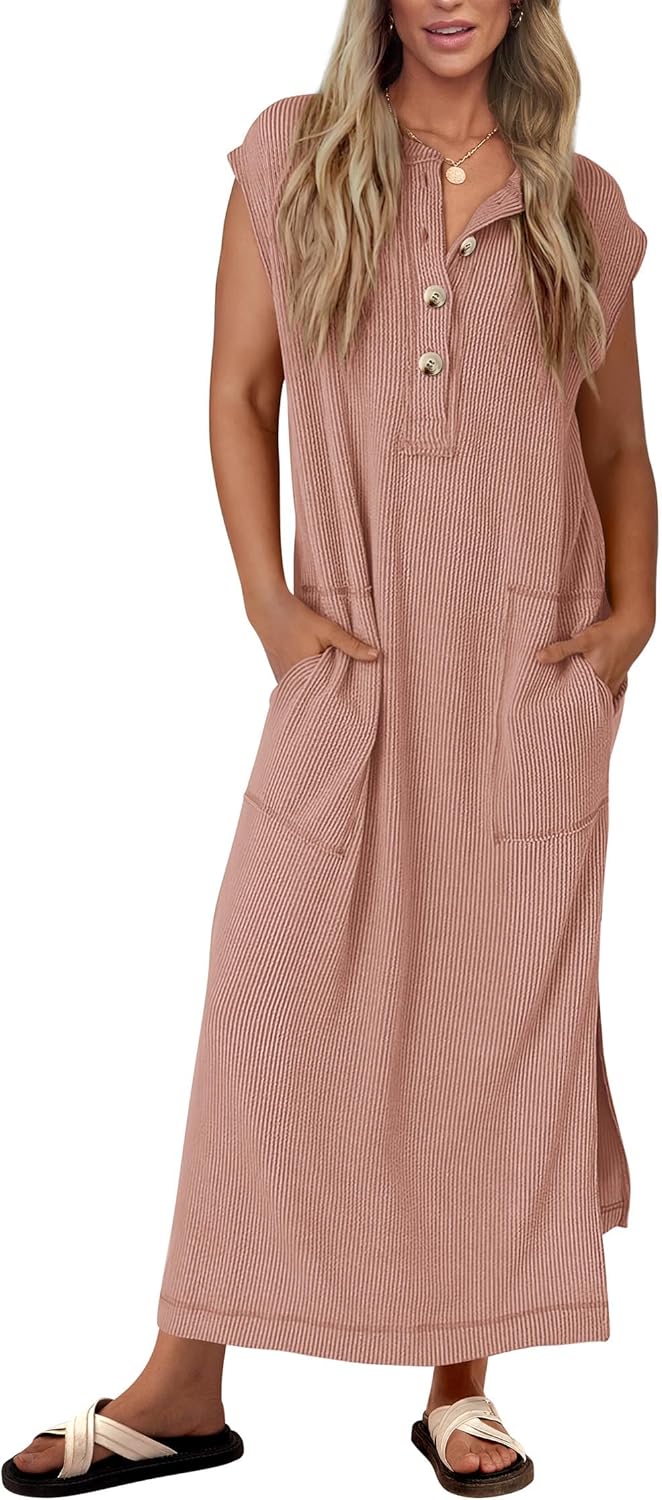 KIRUNDO Womens Summer Dresses Ribbed Knit Henley Maxi Dress