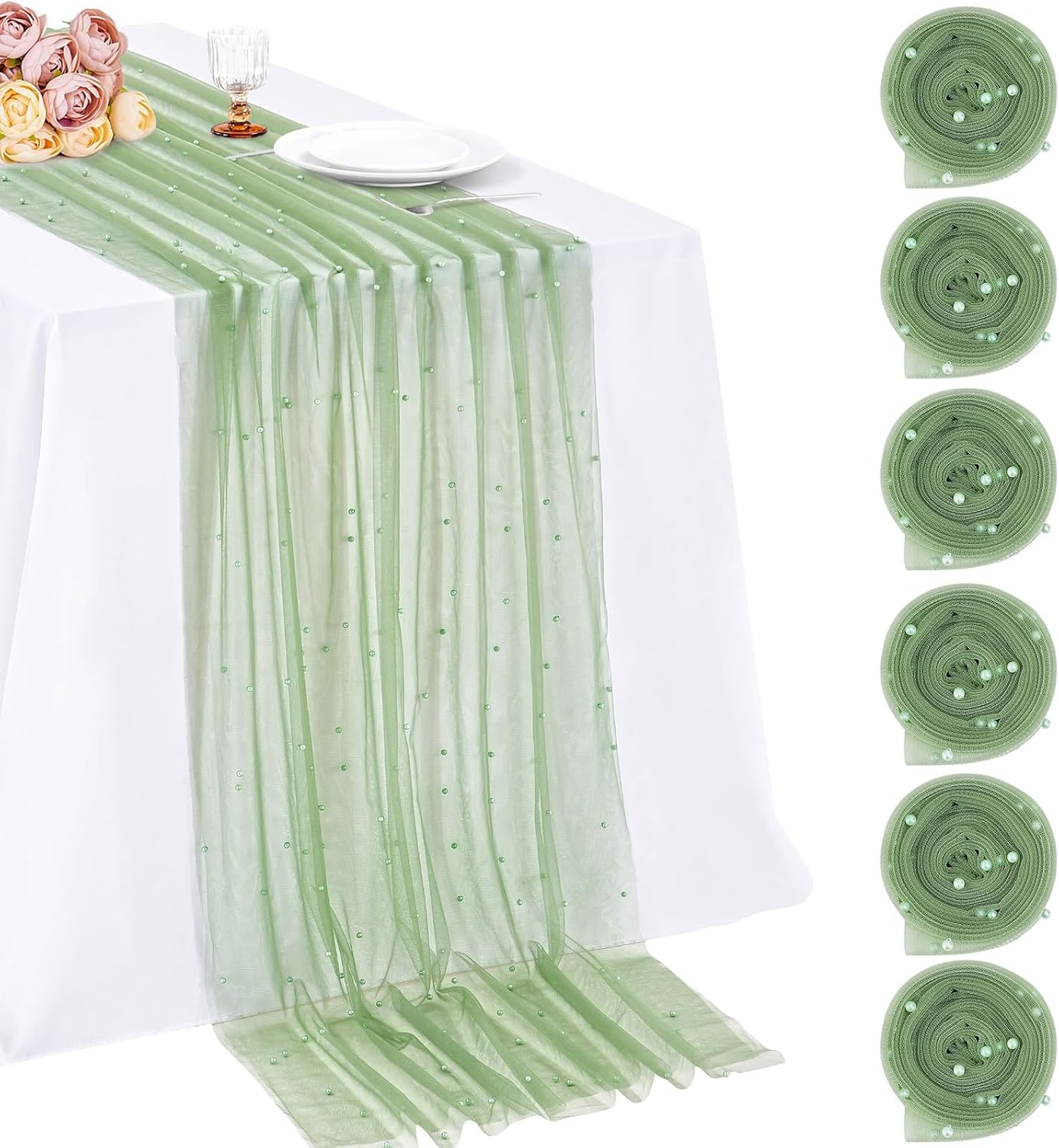 LuoluoHouse Wedding Pearl Tulle Table Runner for Elegant Events