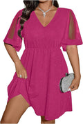 Plus Size Contrast Mesh V Neck Glitter Flared Hem Dress - Flattering