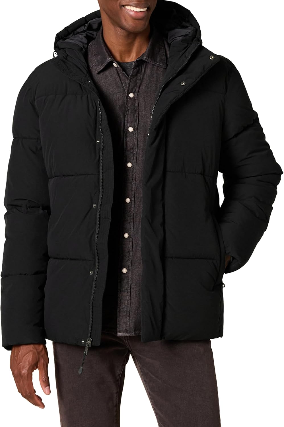 Mens Mid-Length Hooded Puffer Coat for Cold Weather Comfort