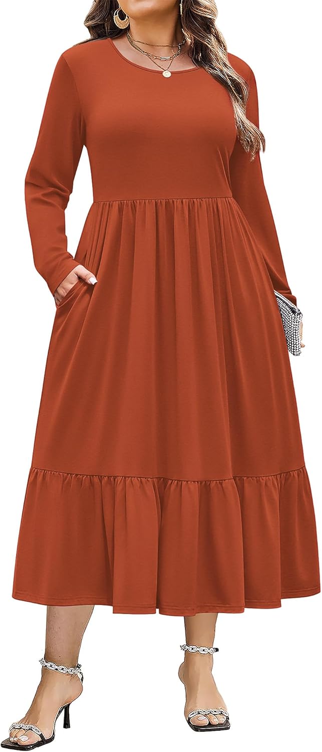 Plus Size Long Sleeve Dress with Pockets for Women Casual Wear