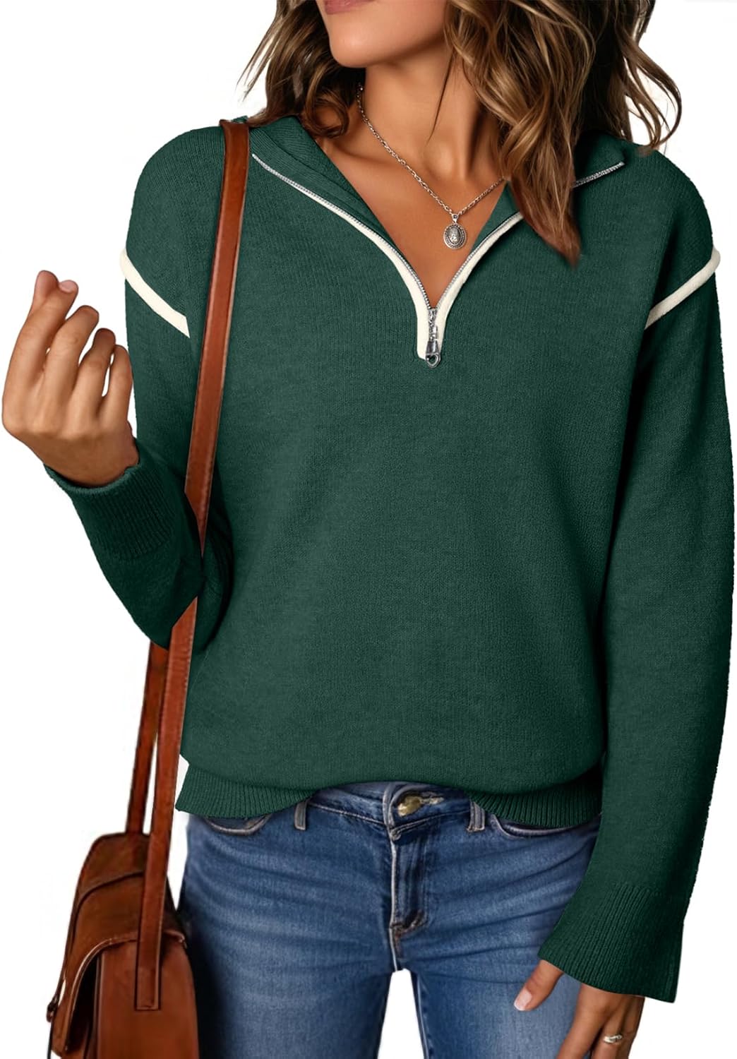 EVALESS Womens V Neck Long Sleeve Quarter Zip Sweater Pullover