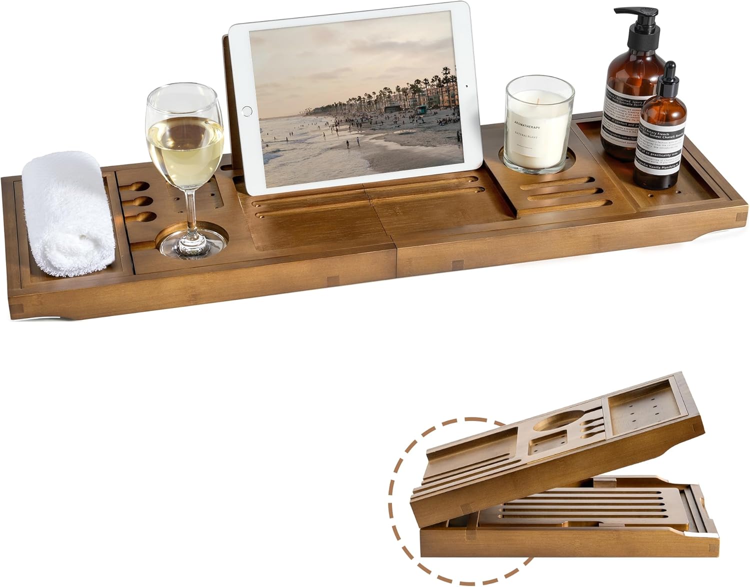 Bamboo Bathtub Tray Caddy - Adjustable Spa-Grade Organizer