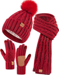 Womens Beanie Hat Scarf Gloves Set - Fleece Lined Warm Winter Set