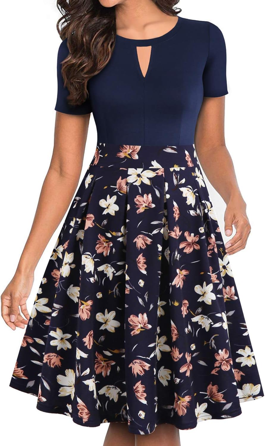 YATHON Women's Vintage Floral Flared A-Line Swing Dress with Pockets