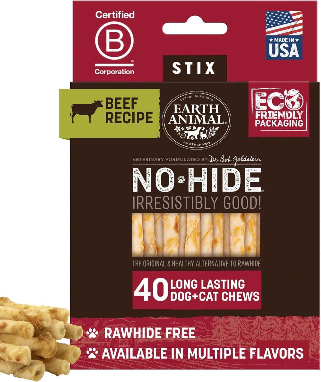 Earth Animal No-Hide Stix Beef Recipe Chews for Dogs & Cats
