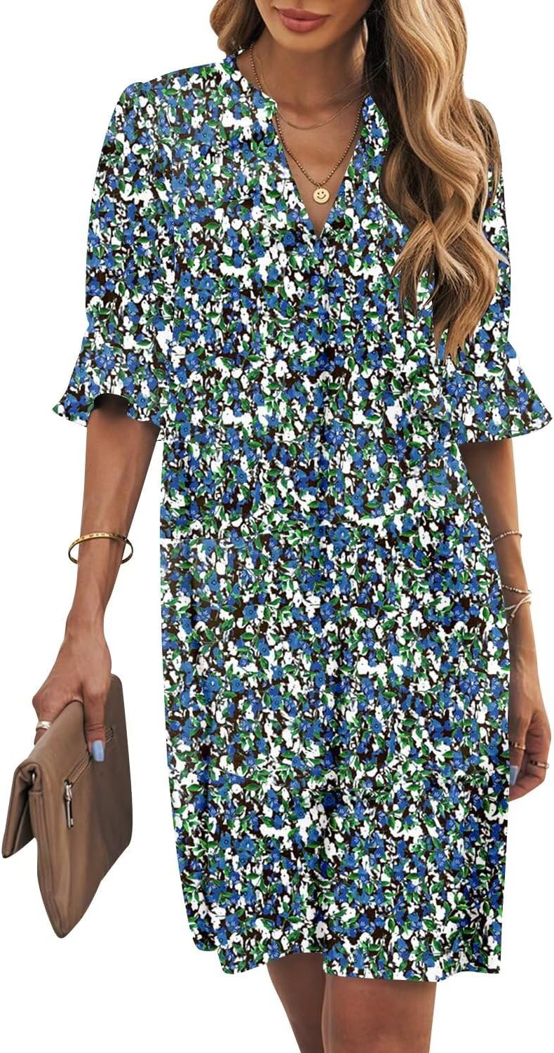 Wkior Shift Dress for Women V Neck Short Sleeves Casual Wear