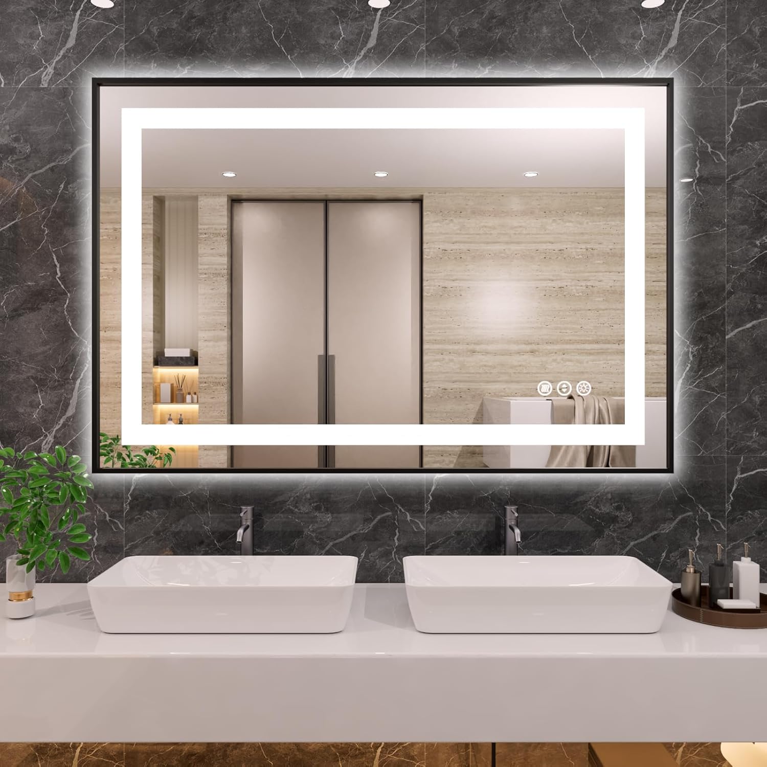 44inX36in LED Bathroom Mirror with Black Frame and Anti-Fog Feature
