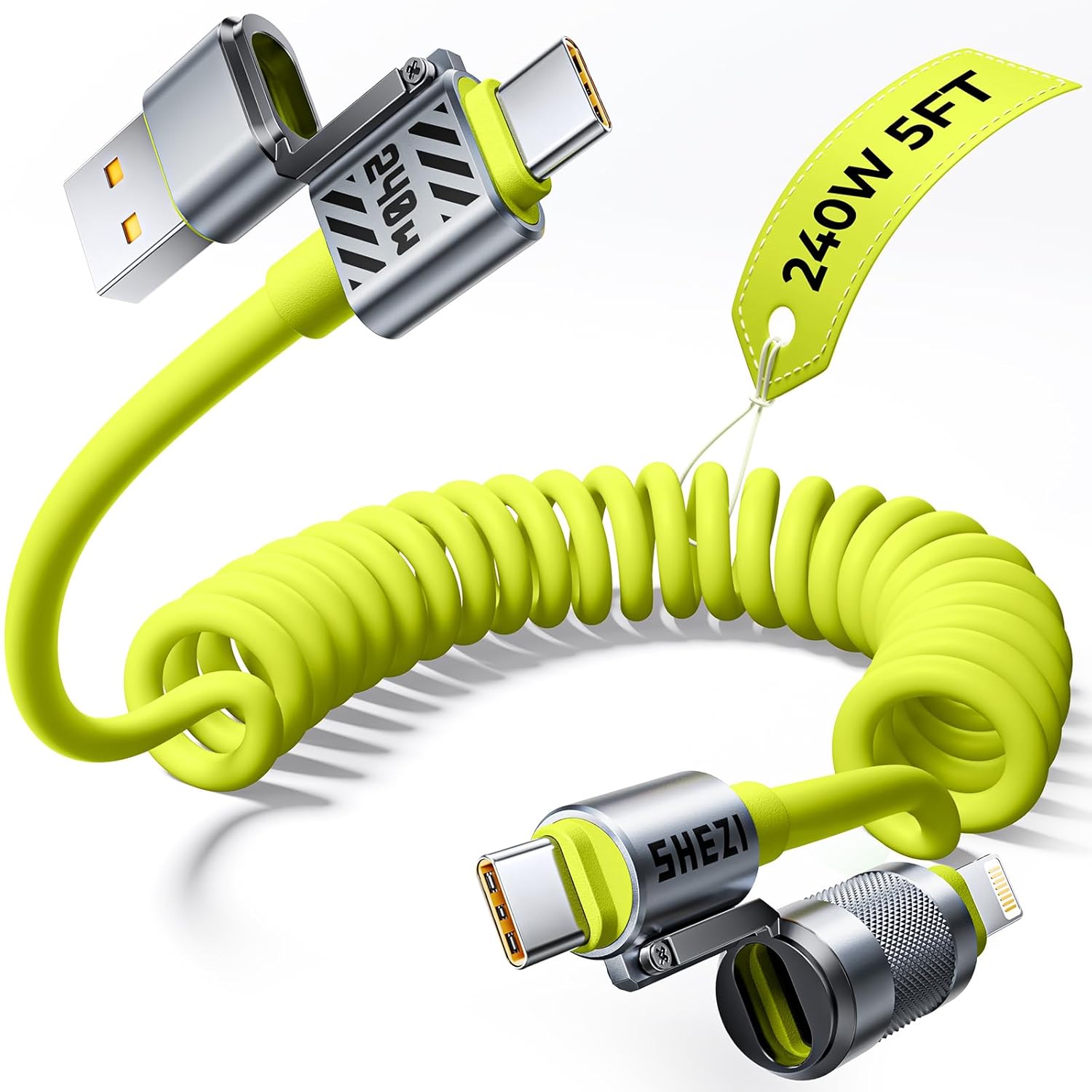 Coiled Green Cable 4-in-1 USB C Charger for Fast Charging