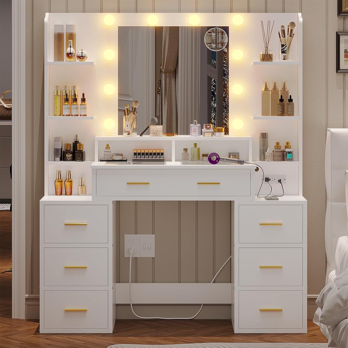 Glass Top Vanity Desk with Lights and Charging Station