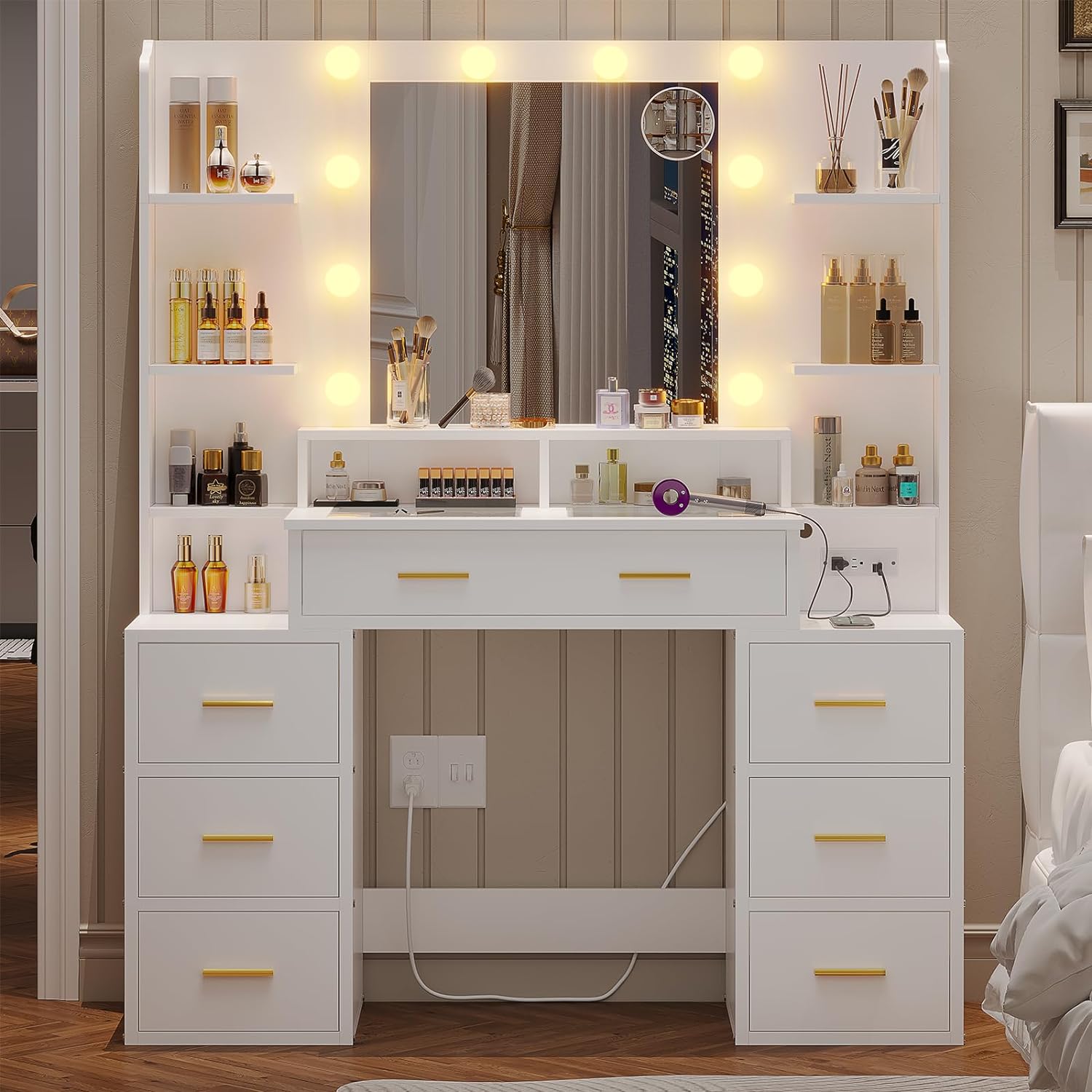 Glass Top Vanity Desk with Lights and Charging Station