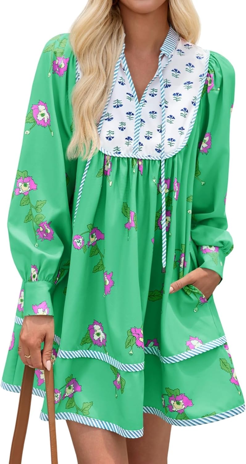Womens Casual Floral Mini Dress for Fall with Long Sleeves