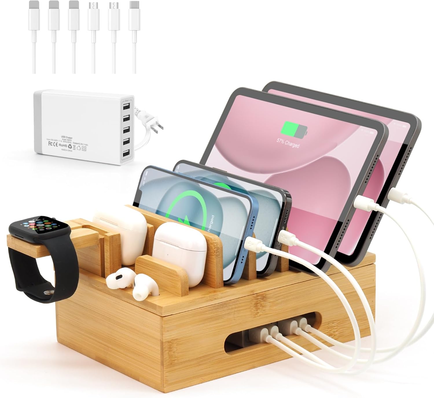 Bamboo Charging Station for Multiple Devices - Desk Organizer