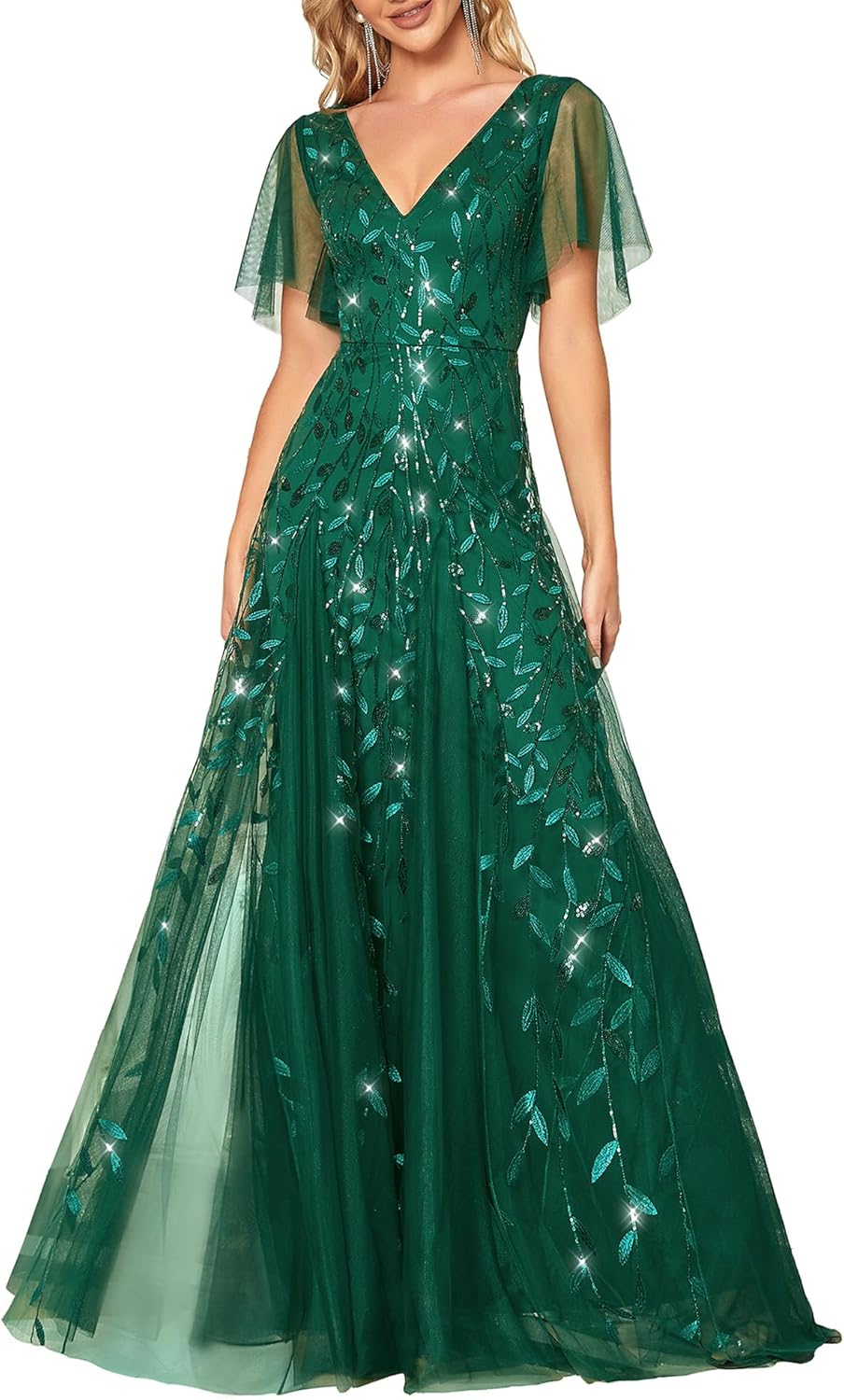 Ever-Pretty Sequin Sparkly V-Neck A-Line Evening Dress