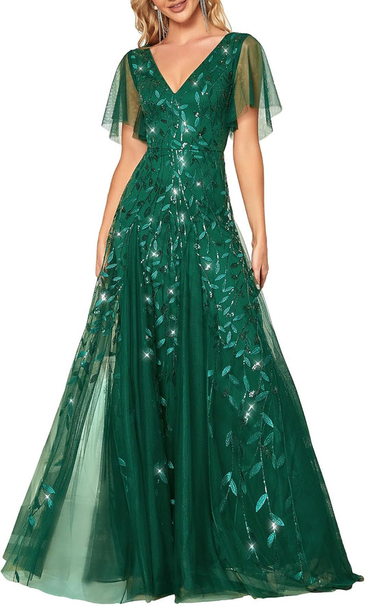 Stunning Sequin Sparkly V-Neck A-Line Evening Dress for All Occasions
