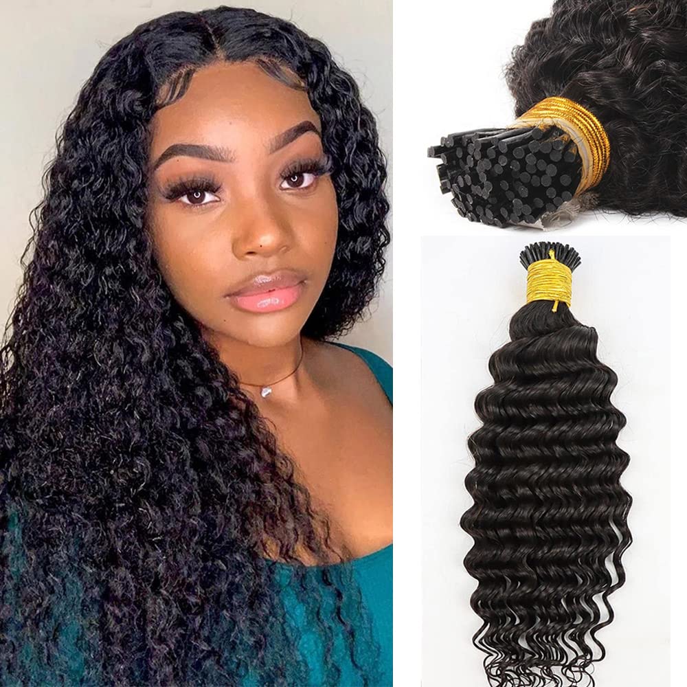 I Tip Hair Extensions Deep Wave 20Inch Curly Natural Black