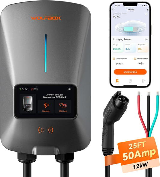 WiFi Enabled 50A EV Charger by WOLFBOX - Smart Display, RFID, 25ft Cable