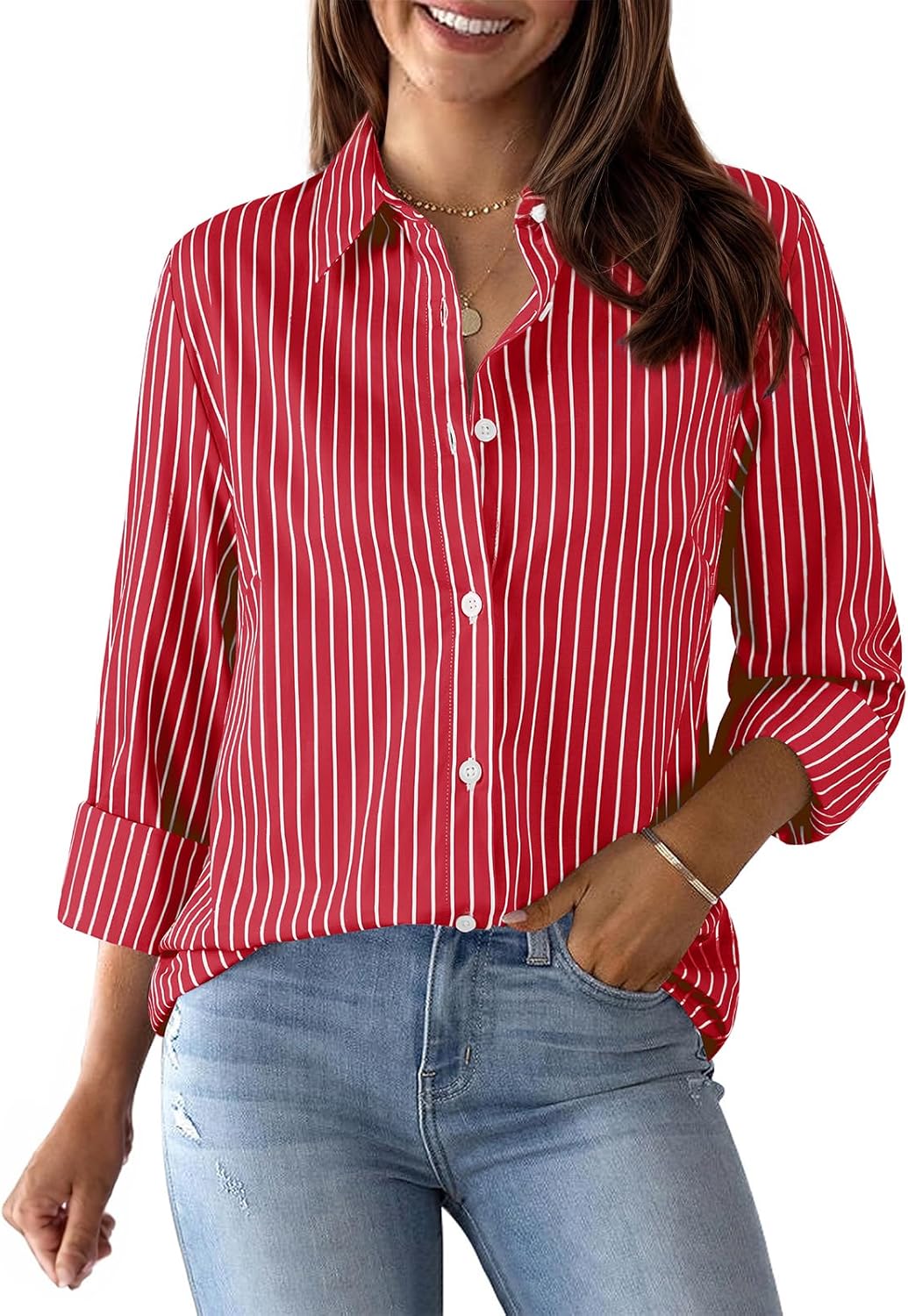 Womens Button Down Cotton Striped Dress Shirt for Work Style