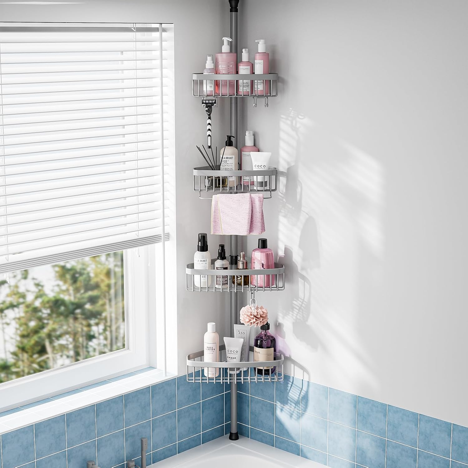 Corner Shower Caddy Tension Pole for Organized Bathroom Storage