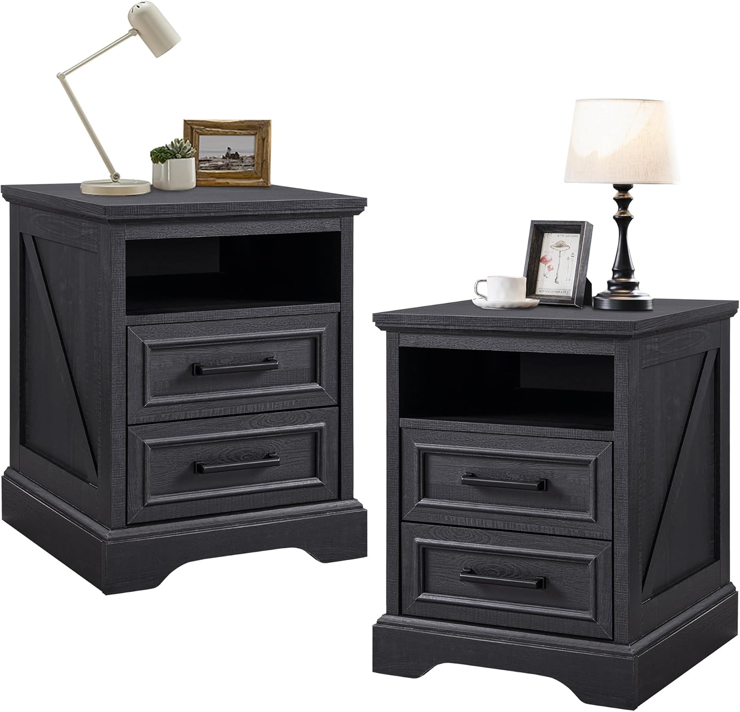 Farmhouse Nightstand Set of 2 with Charging Station and Drawers