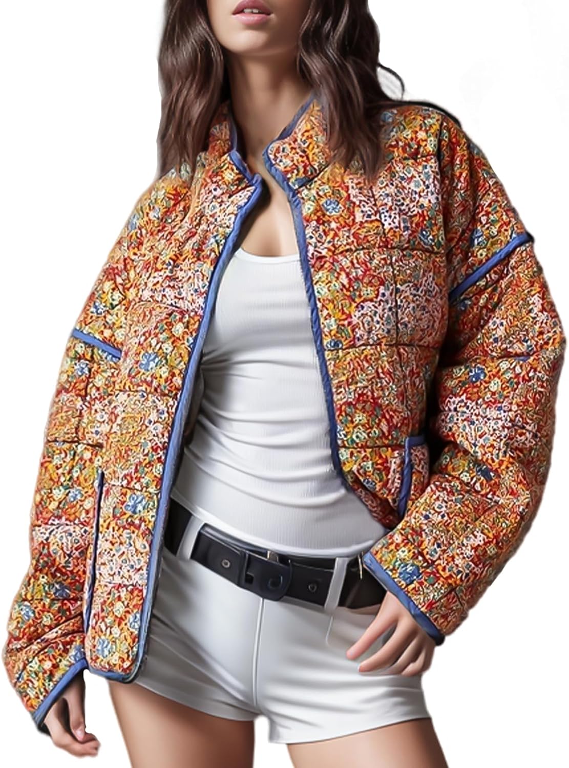 Stylish Women's Cropped Puffer Jacket with Floral Print Design