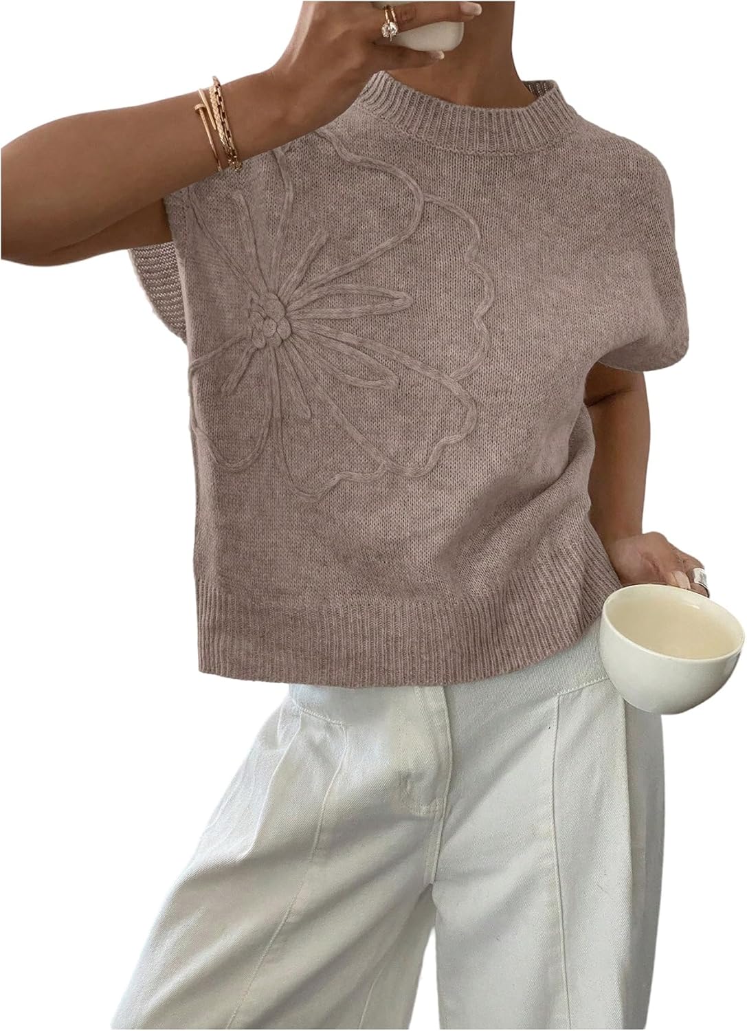 SOLY HUX Women's Ribbed Sweater with Floral Knit Design