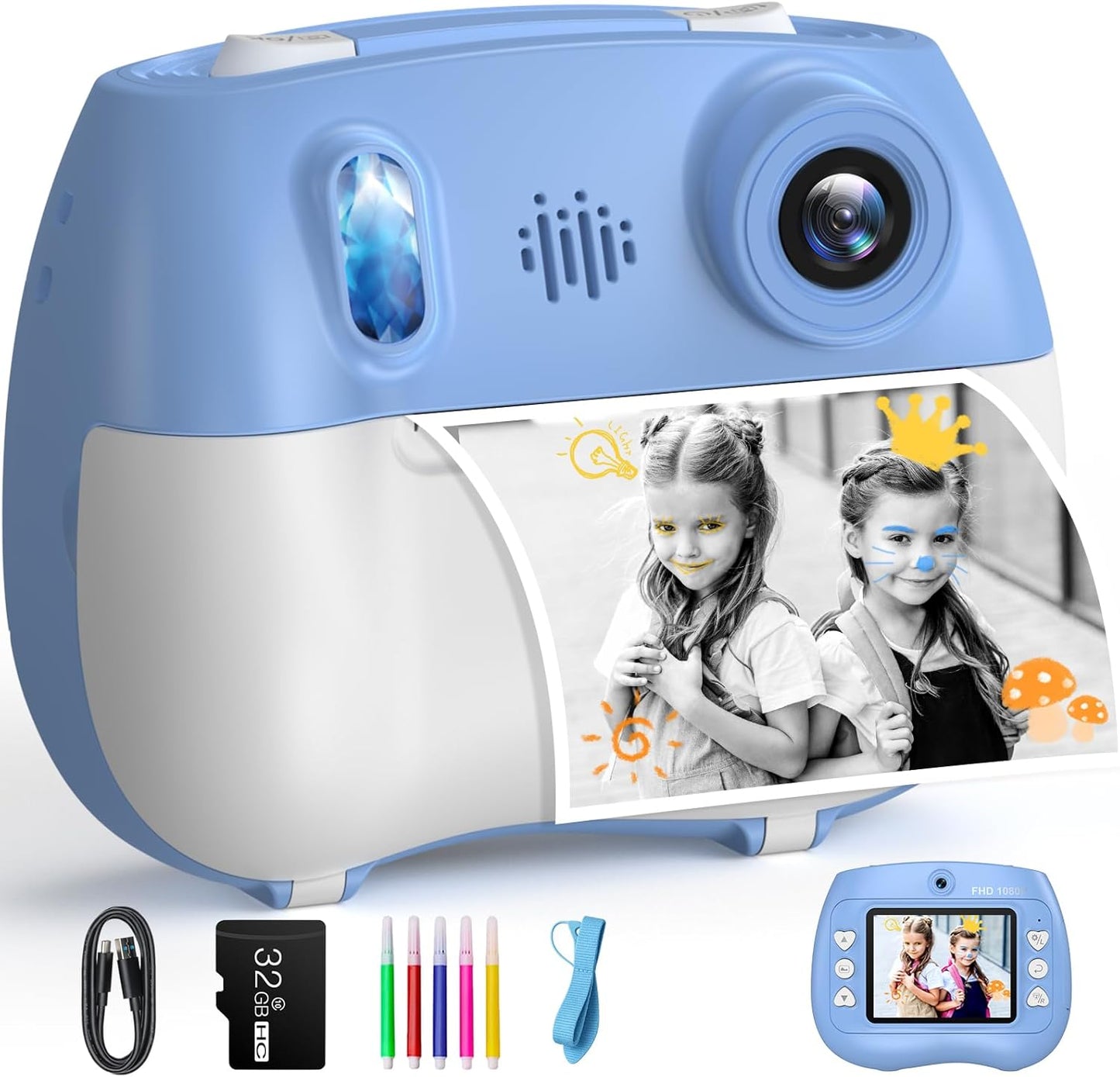 Instant Print Kids Camera - Fun Birthday Gift, Dual Cameras, 4 Rolls Paper