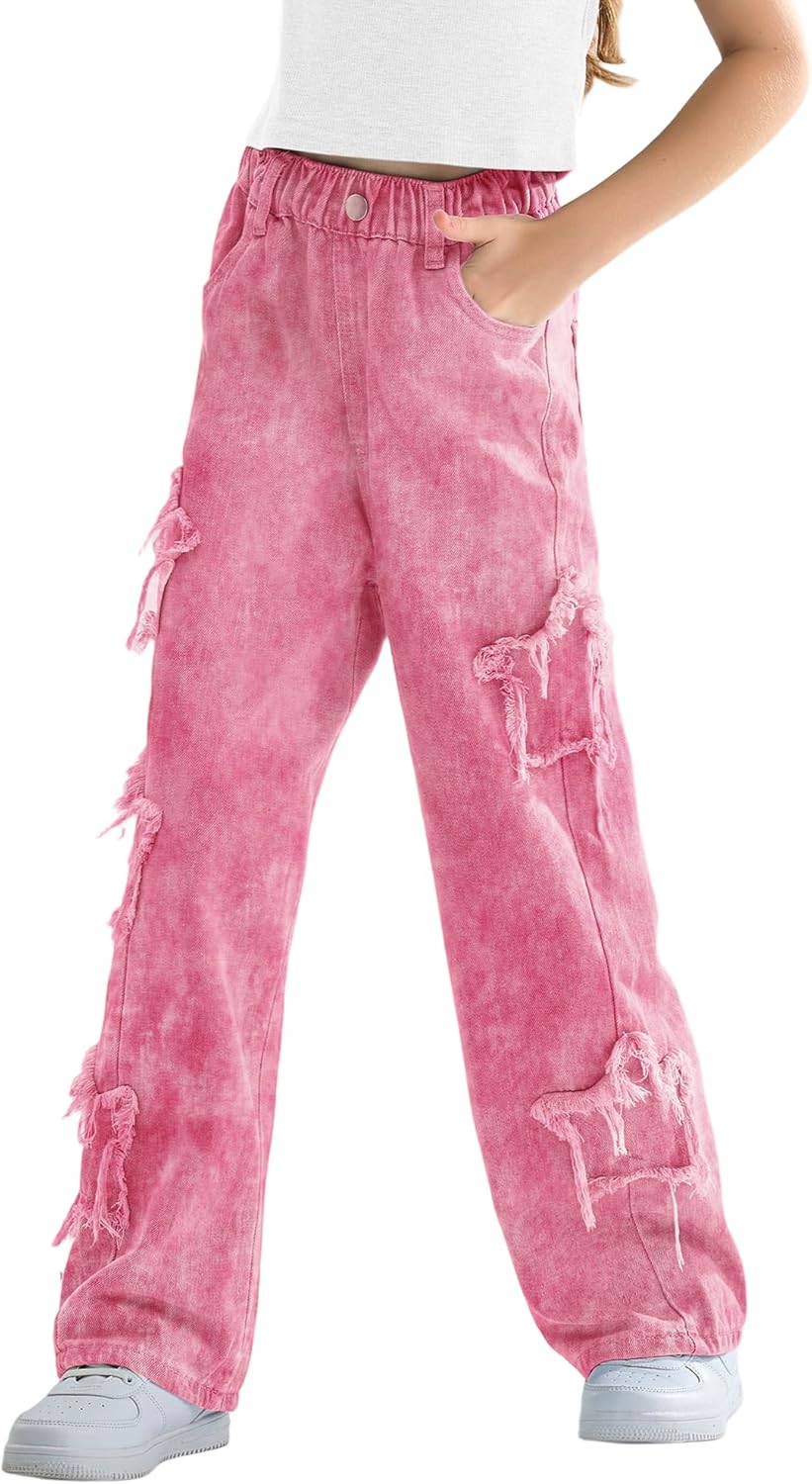 Rolanko Girls Jeans Denim Elastic Waist Wide Leg Baggy Pants