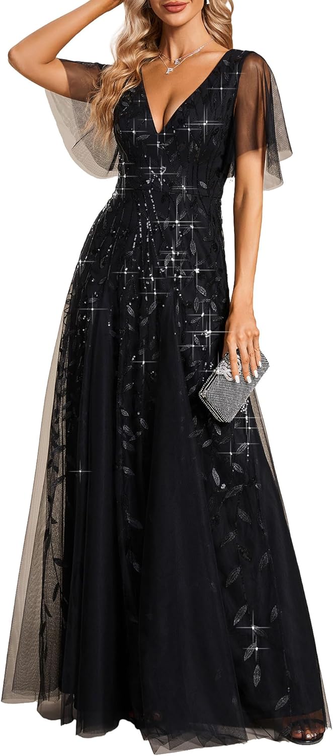 Stunning Sequin Sparkly V-Neck A-Line Evening Dress for You