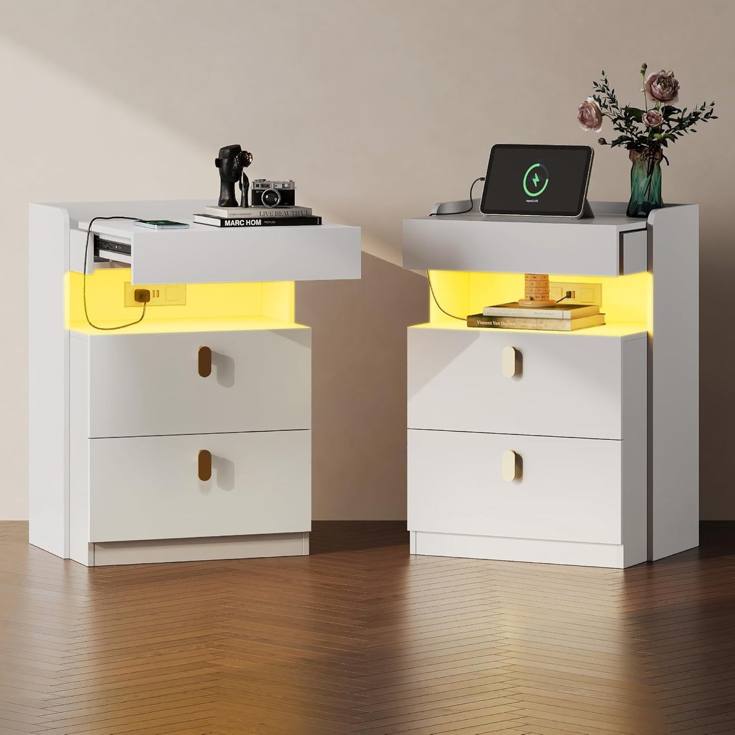 WLIVE White LED Nightstands Set of 2 with Charging Station