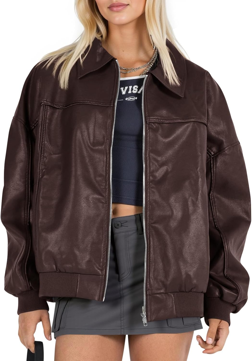 Faux Leather Oversized Bomber Jacket for Trendy Fall Fashion