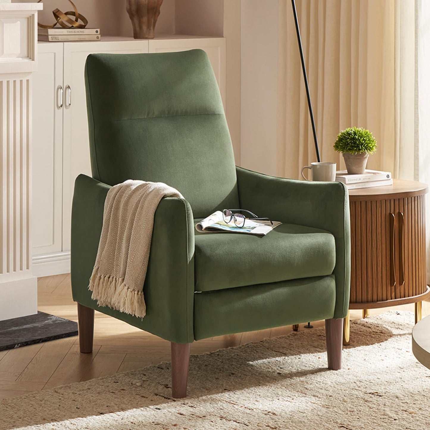 Mid Century High Back Recliner Chair in Olive Green Velvet