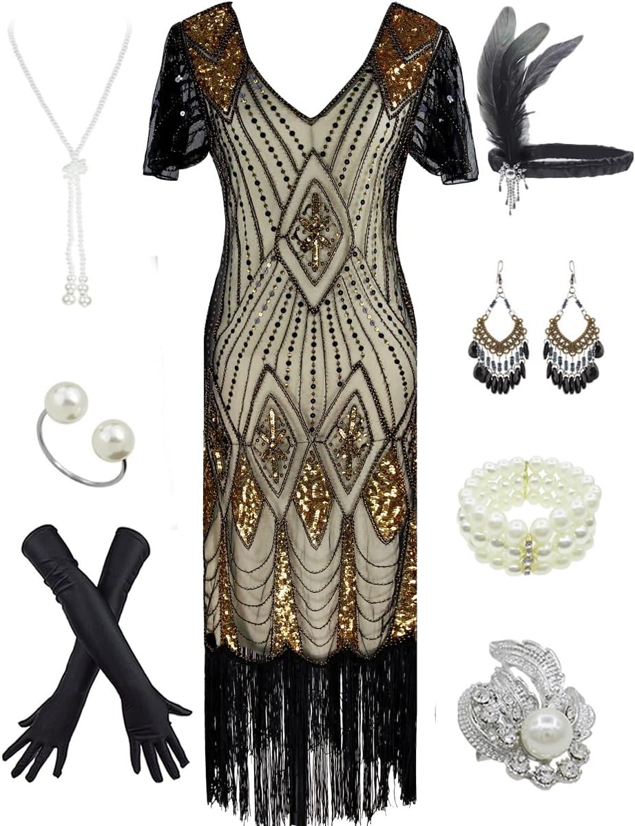 1920s Gatsby Inspired Flapper Dress with Accessories Set