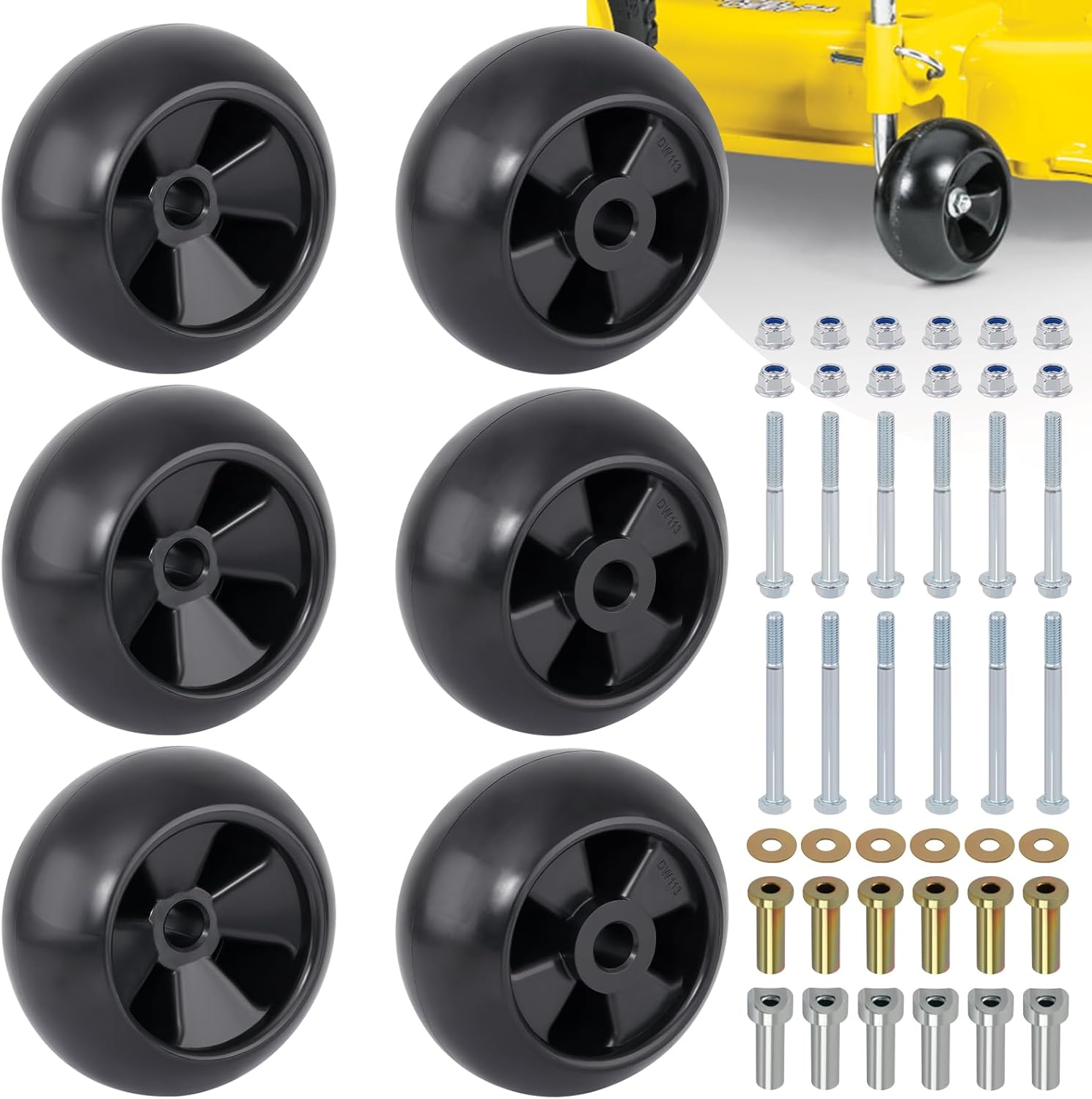 Lawn Mower Deck Wheels 6 Pack with Full Accessories Kit