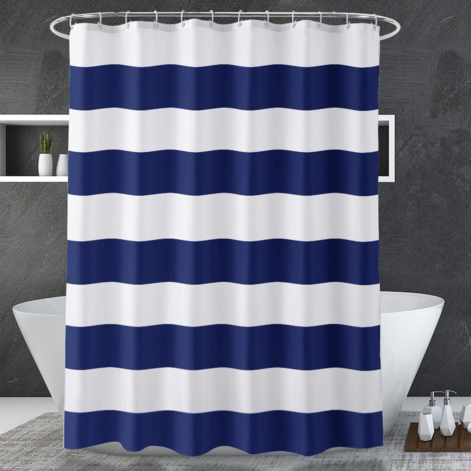 AmazerBath Navy Blue Striped Fabric Shower Curtain w/ Heavy Stones