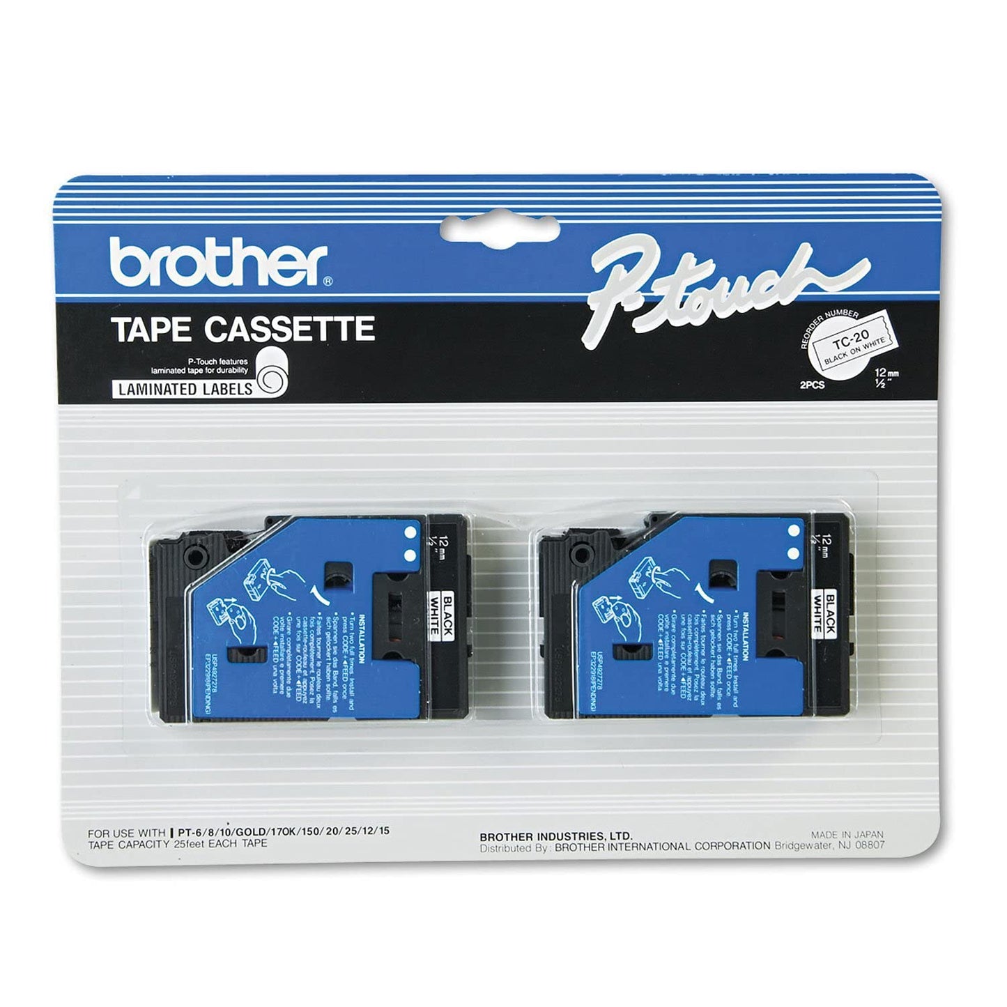 TC Tapes 2/Pack 1/2in Black on White for Brother PT-III Label Maker