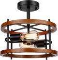 2-Light Rustic Wood & Black Metal Semi Flush Mount - Retro Farmhouse